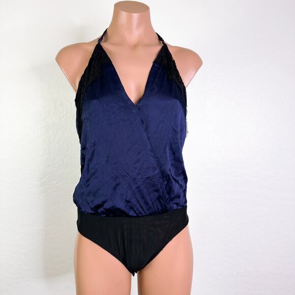 Socialite Satin Lace Sleeveless Bodysuit Racer Back Tank Top Black Blue S NWT - Picture 1 of 13